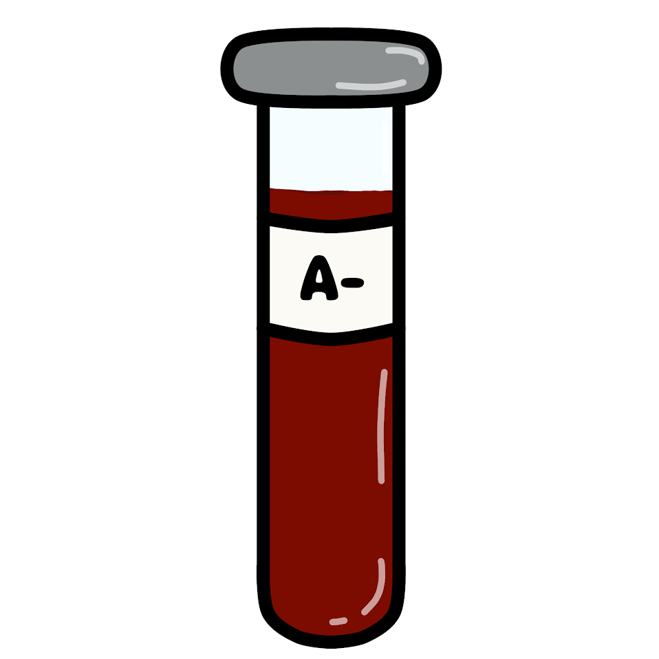 Cartoon style drawing of a glass vial filled with red liquid, there is a white label on the vial with, 'A-' on it